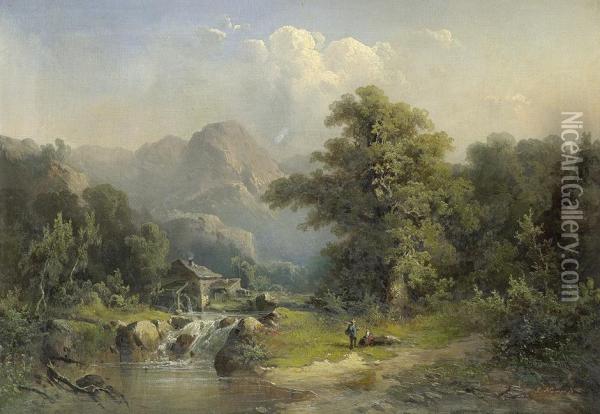 Idyllische Gebirgslandschaft Mit Wasserfall Oil Painting - Guido Hampe