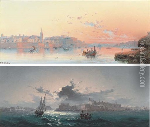Vessels At Valetta, Dusk (+ Rowing Out From Valetta By Night; Pair) Oil Painting - Luigi Maria Galea