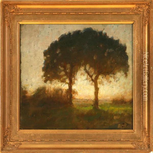 Two Oaks At Sunset Oil Painting - Julius Paulsen