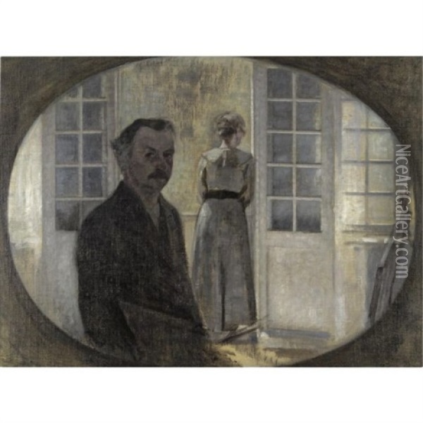 Interior Med Kunstneren Og Hans Hustru-double Portrait Of The Artist And His Wife, Seen Through A Mirror Oil Painting - Vilhelm Hammershoi