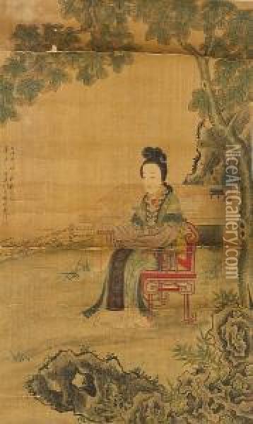 Lady Seated In Garden, Inscribed With The Date 1747 Oil Painting - Zheng Min