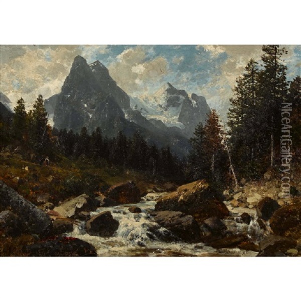 Gebirgsbach Mit Well- Und Wetterhorn Oil Painting - Josef Schoyerer