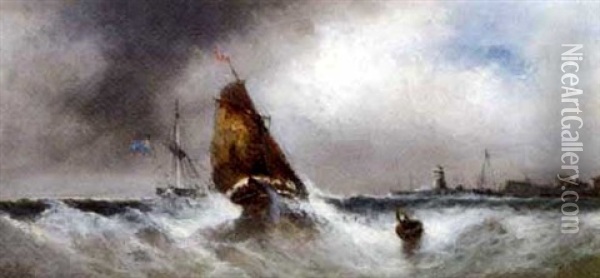 Shipping In Squally Conditions Off A Harbour Mouth (+ Running Home In A Gale, Smaller; 2 Works) Oil Painting - Edwin Hayes