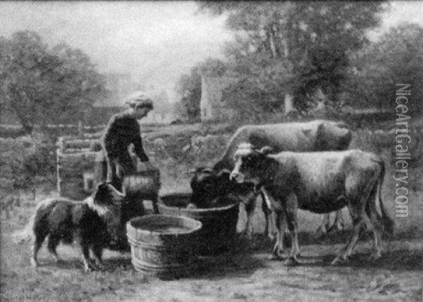 Woman Feeding The Calves Oil Painting - George Arthur Hays