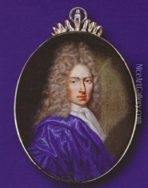 A Gentleman, Wearing Blue Cloak And White Chemise With Cravat, Full-bottomed Powdered Wig Oil Painting - Jacques-Antoine Arlaud