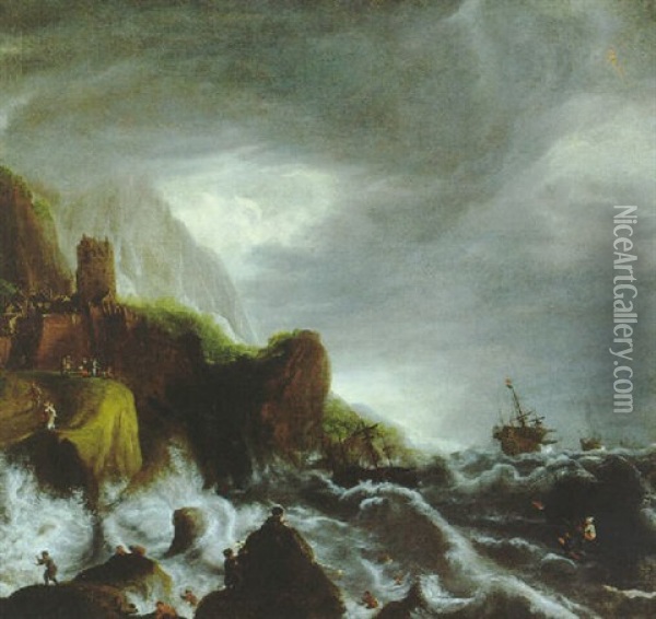 Schiffbruch Vor Einer Felsenkuste Bei Sturmischer See Oil Painting - Jan Peeters the Elder