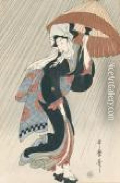 Geisha Mit Schirm Im Regen Und Wind. Oil Painting - Kitagawa Utamaro