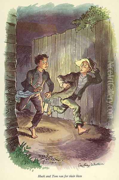 Huck and Tom ran for their lives', illustration from 'The Adventures of Tom Sawyer by Mark Twain (1835-1910) Oil Painting - Geoffrey Whittam