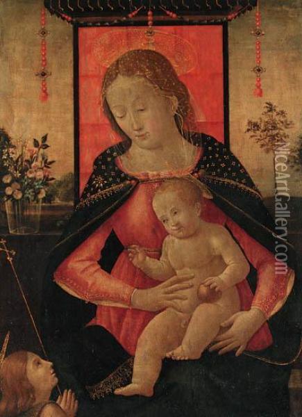 The Madonna And Child Enthroned With A Kneeling Angel Oil Painting - Master Of The Borghese Tondo