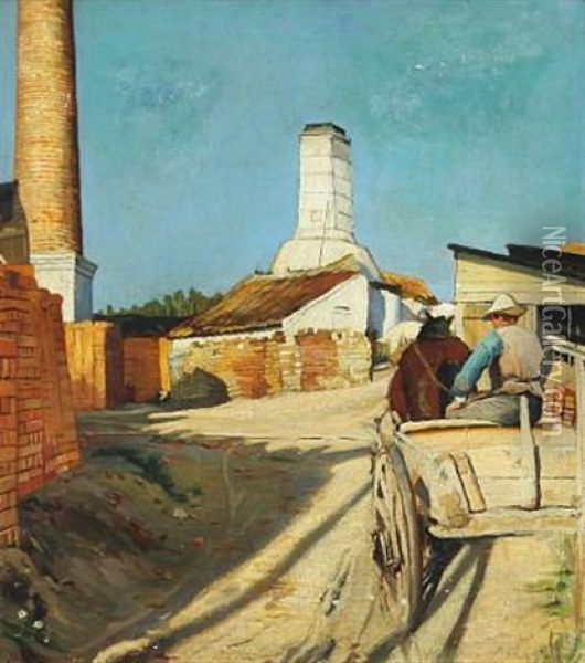 View Of A Brickyard With Worker On A Carriage Oil Painting - Sally Nikolai Philipsen
