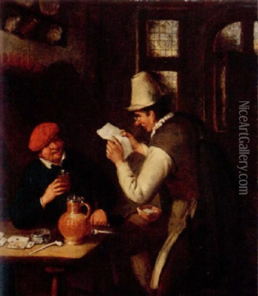 A Tavern Interior With A Man Drinking An Another Reading A Letter Oil Painting - Cornelis Dusart