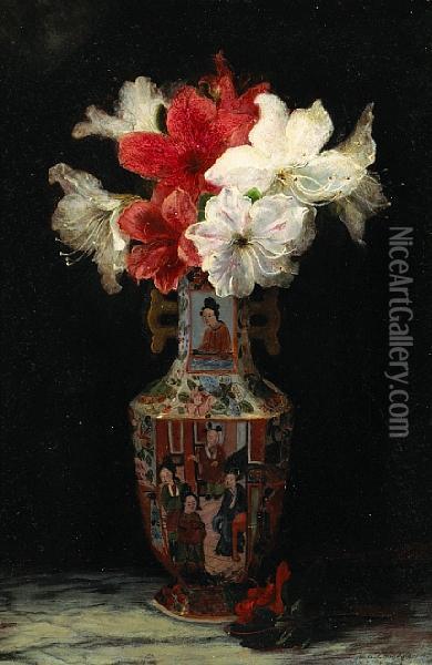 A Still Life Of Flowers In An Cantonese Enamelled Vase Oil Painting - Marmadule A. Langdale