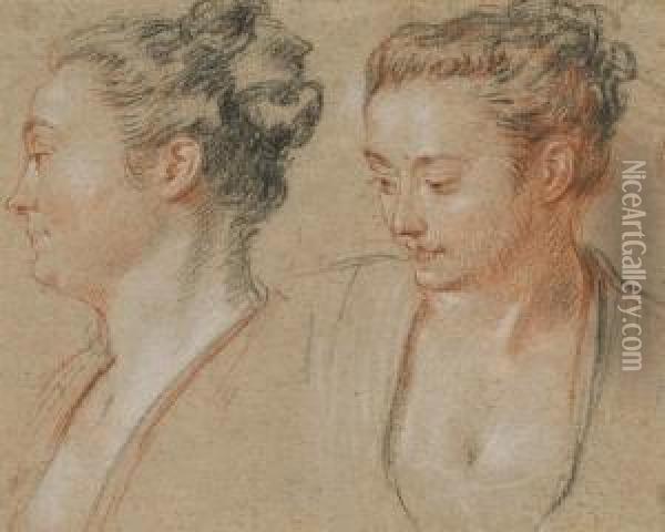 Deux Tetes De Femmes Oil Painting - Watteau, Jean Antoine