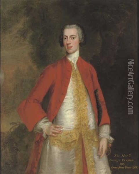 Portrait Of George, 1st Baron Vernon Of Sudbury, Derbyshire, In A Red Coat And White Waistcoat With Gold Trim, In A Landscape Oil Painting - Charles Philips