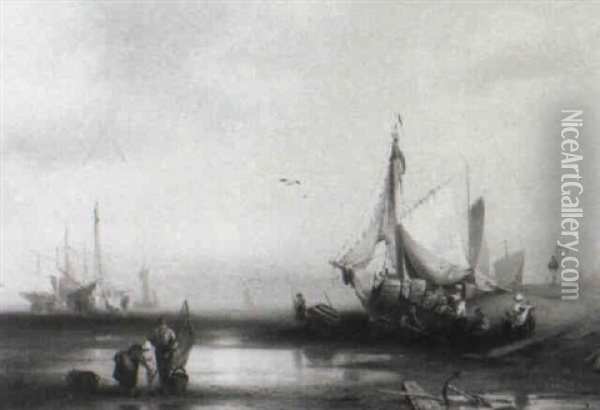 Beached Fishing Boats At Dusk Oil Painting - Hermann Herzog