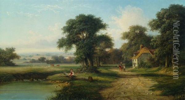 A River Landscape With Boy Seated On A Bank Fishing And Pastoral Landscape With A Mother And Child On A Country Lane With A Cottage, Woodland And Grazing Sheep Oil Painting - Walter Heath Williams