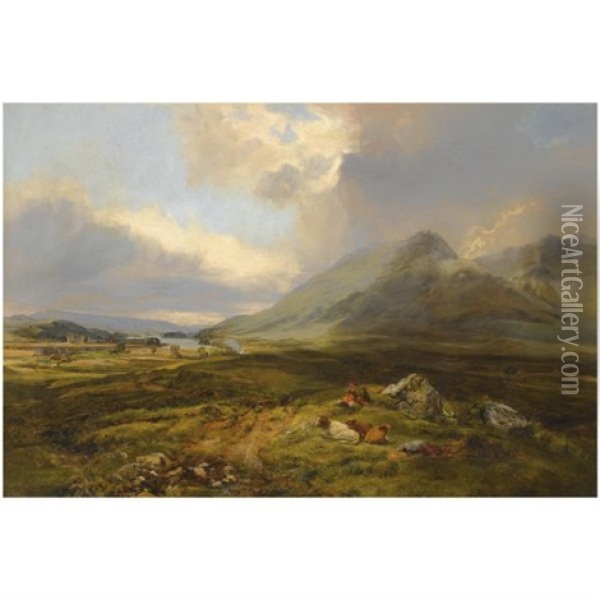 Figures And Cattle Resting Beside Loch Awe Oil Painting - Alexander Fraser the Younger