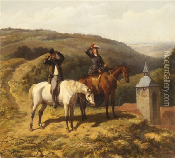 Elegantes Reiterpaar Auf Einer Anhohe In Die Ferne Blickend Oil Painting - Karel Frederik Bombled