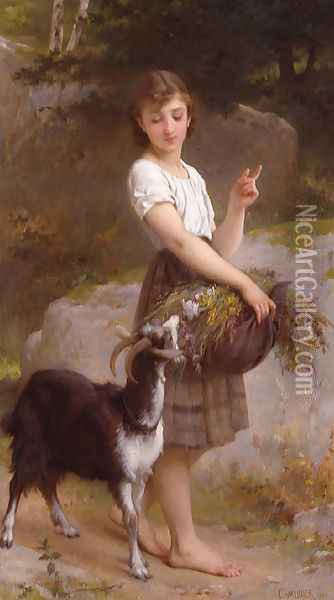 Young Girl With Goat & Flowers Oil Painting - Emile Munier
