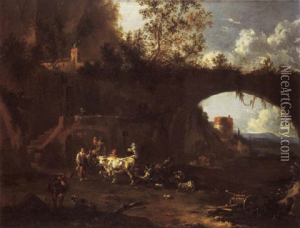 Peasants And Livestock Outside A Rustic Dwelling In The Roman Campagna, Beside A Ruined Arch And Tower Oil Painting - Johannes van der Bent