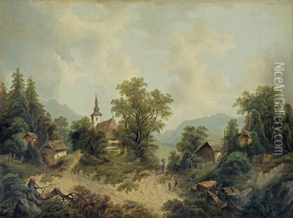 Mountain Landscape With A Church Oil Painting - Albert Lang