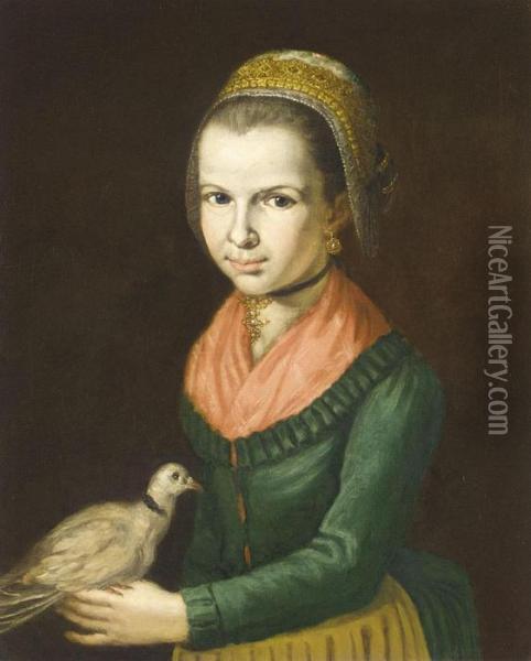 Young Girl Three-quarter Length 
Wearing A Green Dress A Red Chemise And An 
Elaborate Headress And Holding A Dove Oil Painting - Giacomo Ceruti (Il Pitocchetto)