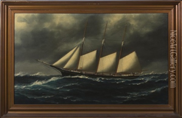 The Three-masted Schooner Van Name & King In Stormy Seas Oil Painting - Solon Francis Montecello Badger