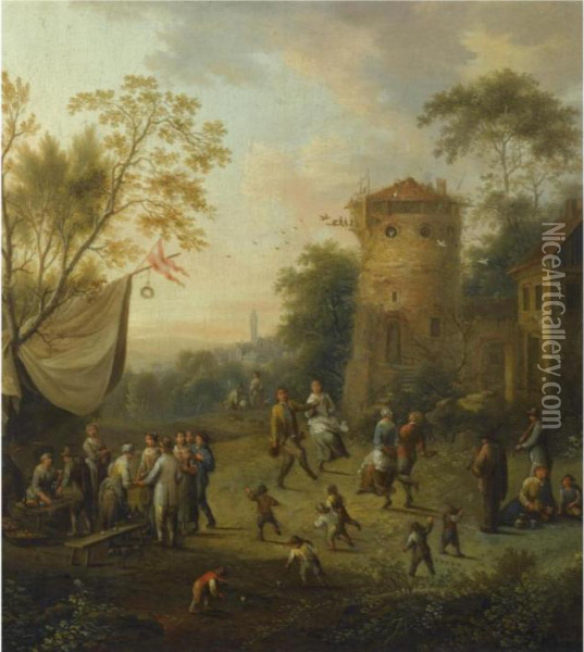 Market Scene With Dancing Peasants Oil Painting - Johann Christian Vollerdt or Vollaert
