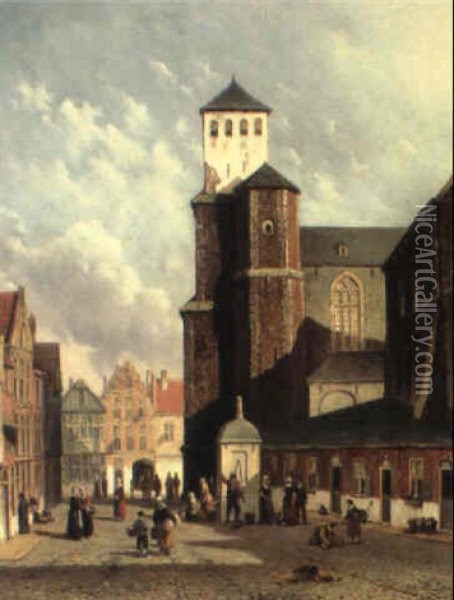 A Dutch Town Scene With Figures Outside A Church Oil Painting - Oene Romkes De Jongh
