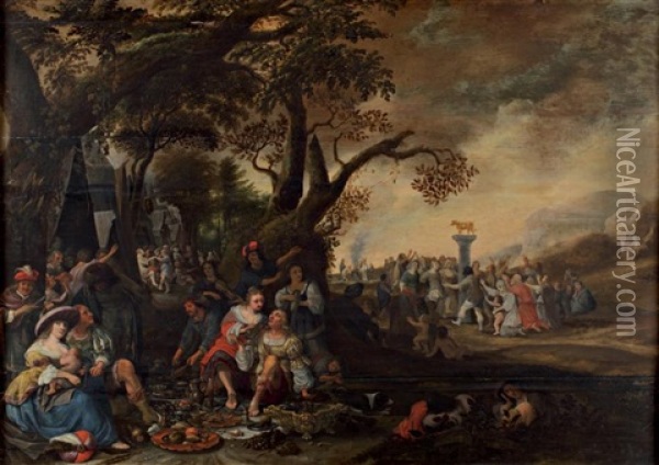 Scene De Banquet Avec L'adoration Du Veau D'or Oil Painting - Anthonie Palamedesz