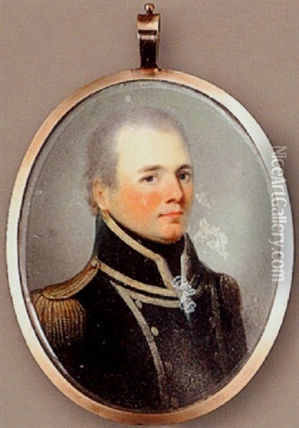 A Naval Officer, With Short Powdered Hair, Wearing Blue Uniform With Gold Trim, Epaulettes And Buttons, Black Stock And White Gauze Cravat Oil Painting - James Leakey