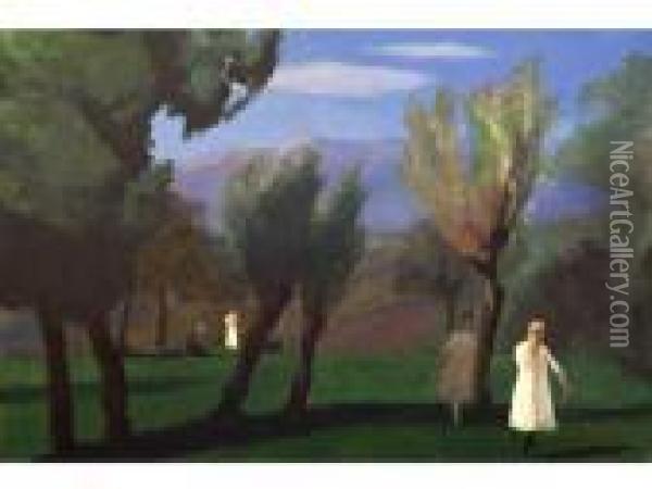 :dans La Prairie Corenc Vers 1918/1920 Oil Painting - Jules Flandrin
