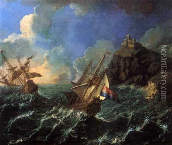 Navires Pres De Rochers (+ Another; Pair) Oil Painting - Antonio Maria Marini
