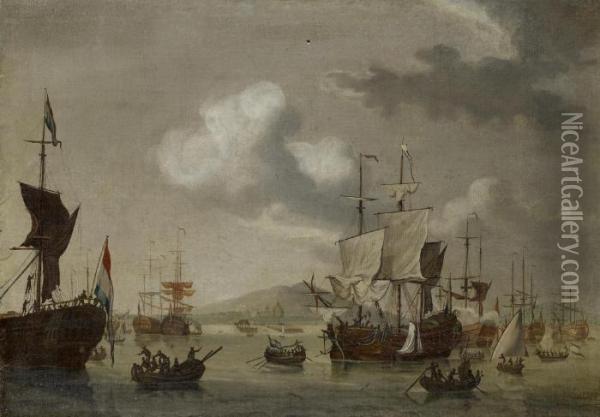 Hollandska Orlogsfartyg Pa Redden Oil Painting - Hendrick Dubbels