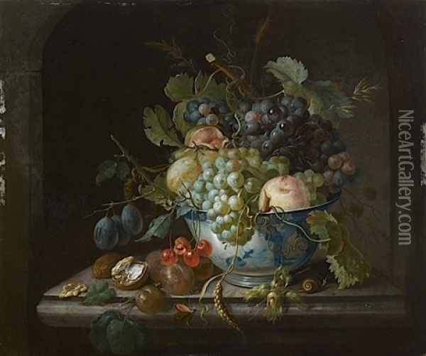 Nature Morte De Fruits Dans Une Coupe Wan-li Posee Sur Un Entablement (in 2 Parts) Oil Painting - Christiaen van Pol