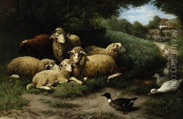 Schafe Und Entenschar Am Waldrand, Im Hintergrund Eine Muhle Am Bach Oil Painting - Friedrich Ferdinand Schmalzigaug
