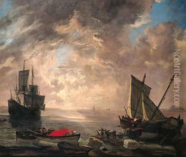 Sailors unloading cargo from a sailing vessel, moored on a Mediterranean shore, with a rowing boat and a three-master beyond, at dawn Oil Painting - Lieve Verschuier