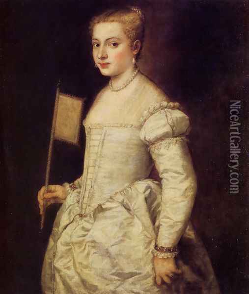 Woman in White Oil Painting - Tiziano Vecellio (Titian)