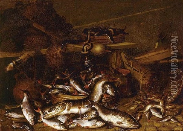 Still Life Of Fish, Eels, And Fishing Nets Oil Painting - Johannes Fabritius