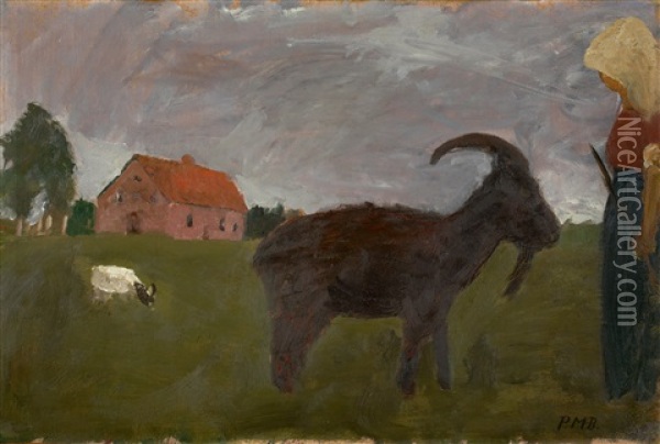 Bauerin Mit Zwei Ziegen Vor Gehoft Oil Painting - Paula Modersohn-Becker