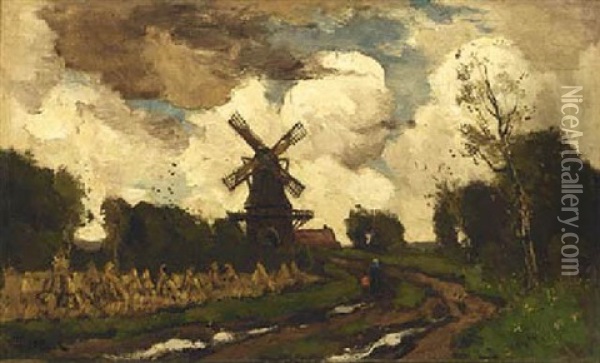 A Windmill In A Stormy Landscape Oil Painting - Theophile De Bock