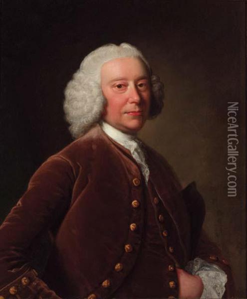 Portrait Of A Gentleman, 
Half-length, In A Brown Coat Andwaistcoat, A Tricorn Under His Arm Oil Painting - Thomas Hudson