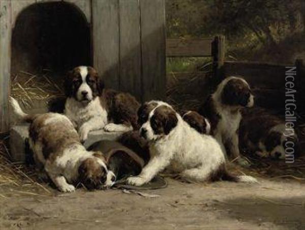 Saint-bernard Puppies Oil Painting - Otto Eerelman