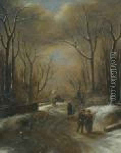 A Wooded Winter Landscape With Figures Walking Along A Path, A Church Steeple Beyond Oil Painting - Claes Molenaar (see Molenaer)
