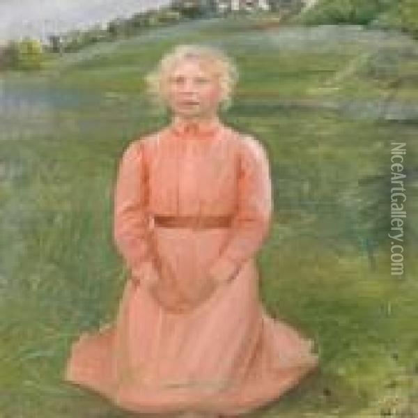 Ung Knaelende Pige I Lyserod Kjole Oil Painting - Anna Ancher