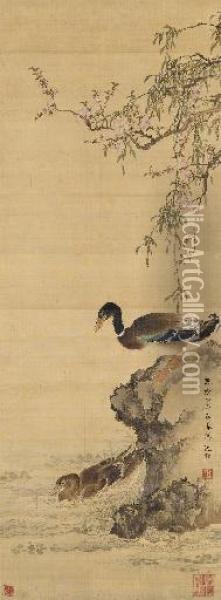 Ducks In The Willow Pond Oil Painting - Shen Quan