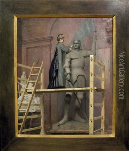 La Duchesse D'uzes Travaillant A La Statue Monumentale De Jeanne D'arc, Dans L'atelier De Falguiere Oil Painting - Adolphe Demange