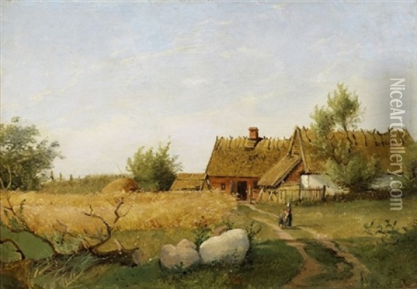 Landskab Med Bondegard Og Figurer Pa Sti Oil Painting - Vilhelm Peter Carl Petersen