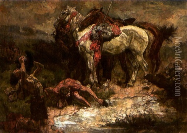 Zwei Soldaten Sind Von Ihren Pferden Abgestiegen, Um An Einer Quelle Zu Trinken Oil Painting - Johannes Hendricus Jurres