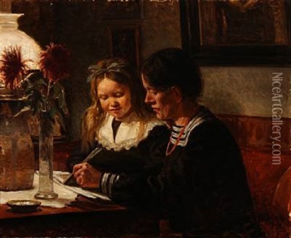 A Mom Reads With Her Daughter Oil Painting - Heinrich Dohm